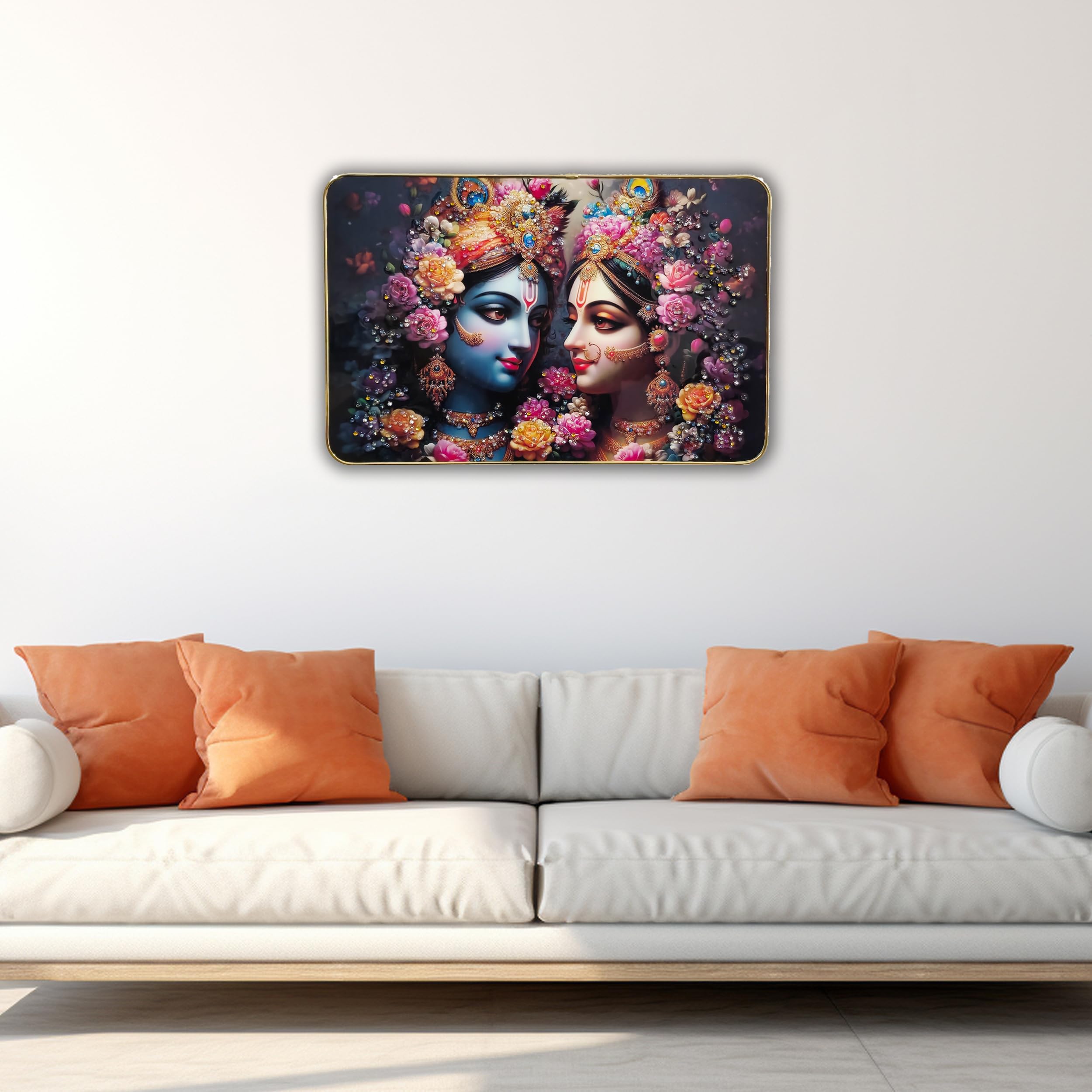 Masstone Radha Krishna Wall Painting  Crystal Embedded, High Gloss, Gold Slim Frame, 45X30 Cm Wall Art For Living Room, Bedroom,